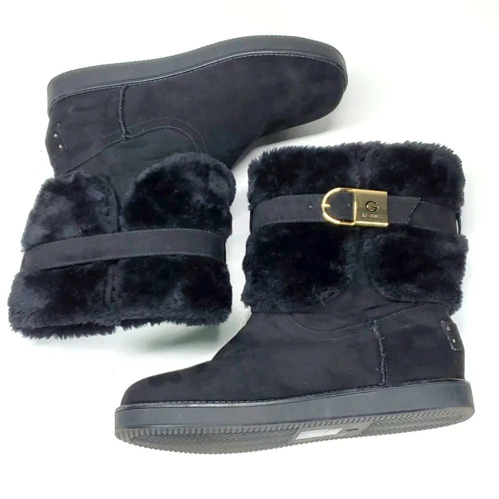 G By Guess Addalyn Black Faux Fur Ankle Strap Ankle Boot